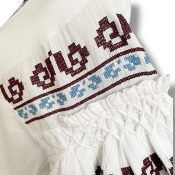 Replay Embroidered Boho Open Cotton Tunic Blouse White Blue Size XS Oversized - Picture 8 of 13